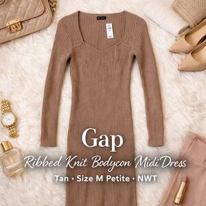 Gap Ribbed Knit Bodycon Midi Dress Tan Size M Petite NWT
